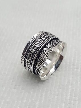 925 Silver-Tone Patterned spinner Band Ring